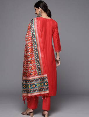 Women Rust Embroidered Empire Kurta with Trousers & With Dupatta 5