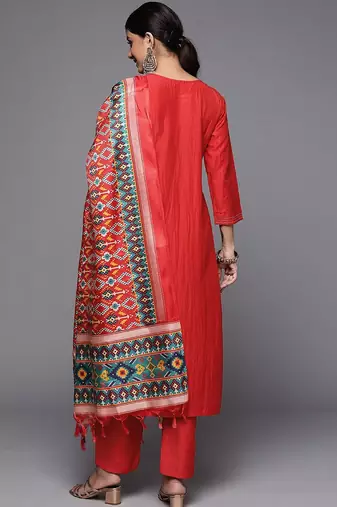 Women Rust Embroidered Empire Kurta with Trousers & With Dupatta