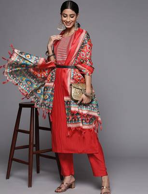 Women Rust Embroidered Empire Kurta with Trousers & With Dupatta 6