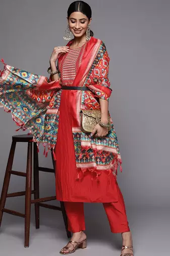 Women Rust Embroidered Empire Kurta with Trousers & With Dupatta