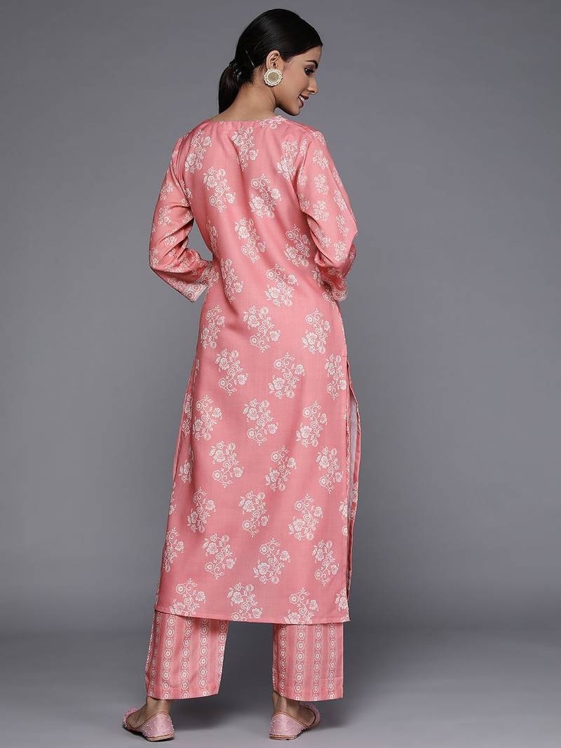 Women Pink & Off-White Floral Printed Kurta with Trousers