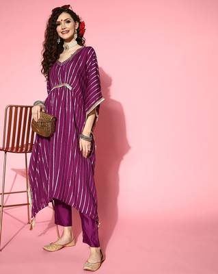 Women Striped Silk Blend New Age Kaftan Kurta Set 1