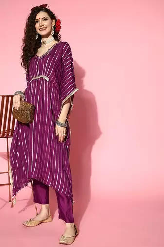 Women Striped Silk Blend New Age Kaftan Kurta Set