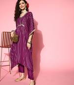 Women Striped Silk Blend New Age Kaftan Kurta Set