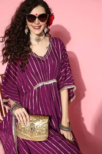 Women Striped Silk Blend New Age Kaftan Kurta Set