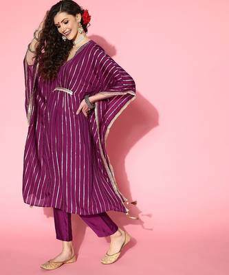 Women Striped Silk Blend New Age Kaftan Kurta Set 3