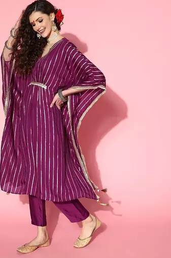 Women Striped Silk Blend New Age Kaftan Kurta Set