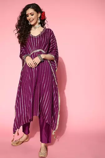 Women Striped Silk Blend New Age Kaftan Kurta Set