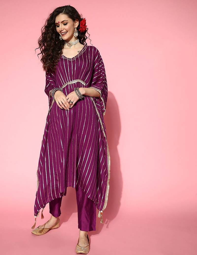 Women Striped Silk Blend New Age Kaftan Kurta Set