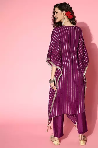 Women Striped Silk Blend New Age Kaftan Kurta Set