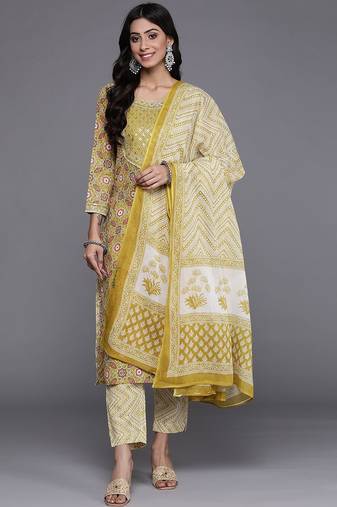 Women Lime Green & Off White Printed Pure Cotton Kurta with Trousers & Dupatta