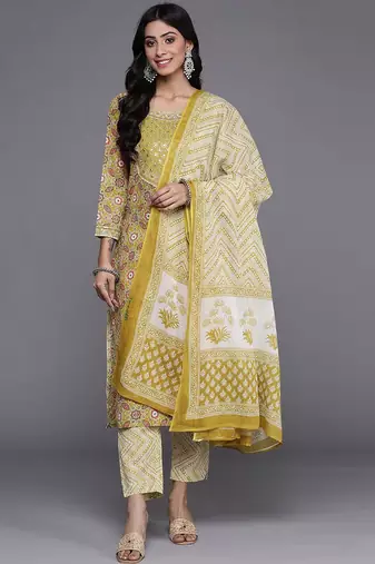 Women Lime Green & Off White Printed Pure Cotton Kurta with Trousers & Dupatta
