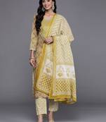 Women Lime Green & Off White Printed Pure Cotton Kurta with Trousers & Dupatta
