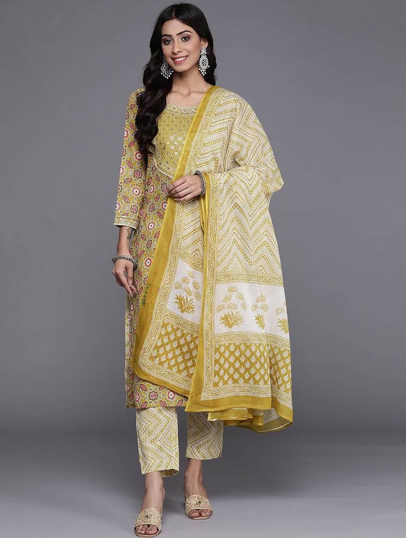 Women Lime Green & Off White Printed Pure Cotton Kurta with Trousers & Dupatta