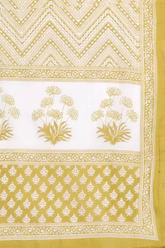 Women Lime Green & Off White Printed Pure Cotton Kurta with Trousers & Dupatta