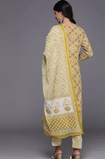 Women Lime Green & Off White Printed Pure Cotton Kurta with Trousers & Dupatta