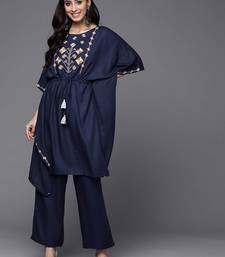 Women Navy Blue Yoke Design Thread Work Pure Cotton Kurta with Trousers