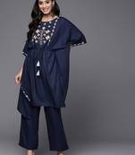 Women Navy Blue Yoke Design Thread Work Pure Cotton Kurta with Trousers
