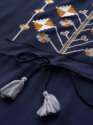Women Navy Blue Yoke Design Thread Work Pure Cotton Kurta with Trousers 2