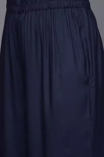Women Navy Blue Yoke Design Thread Work Pure Cotton Kurta with Trousers