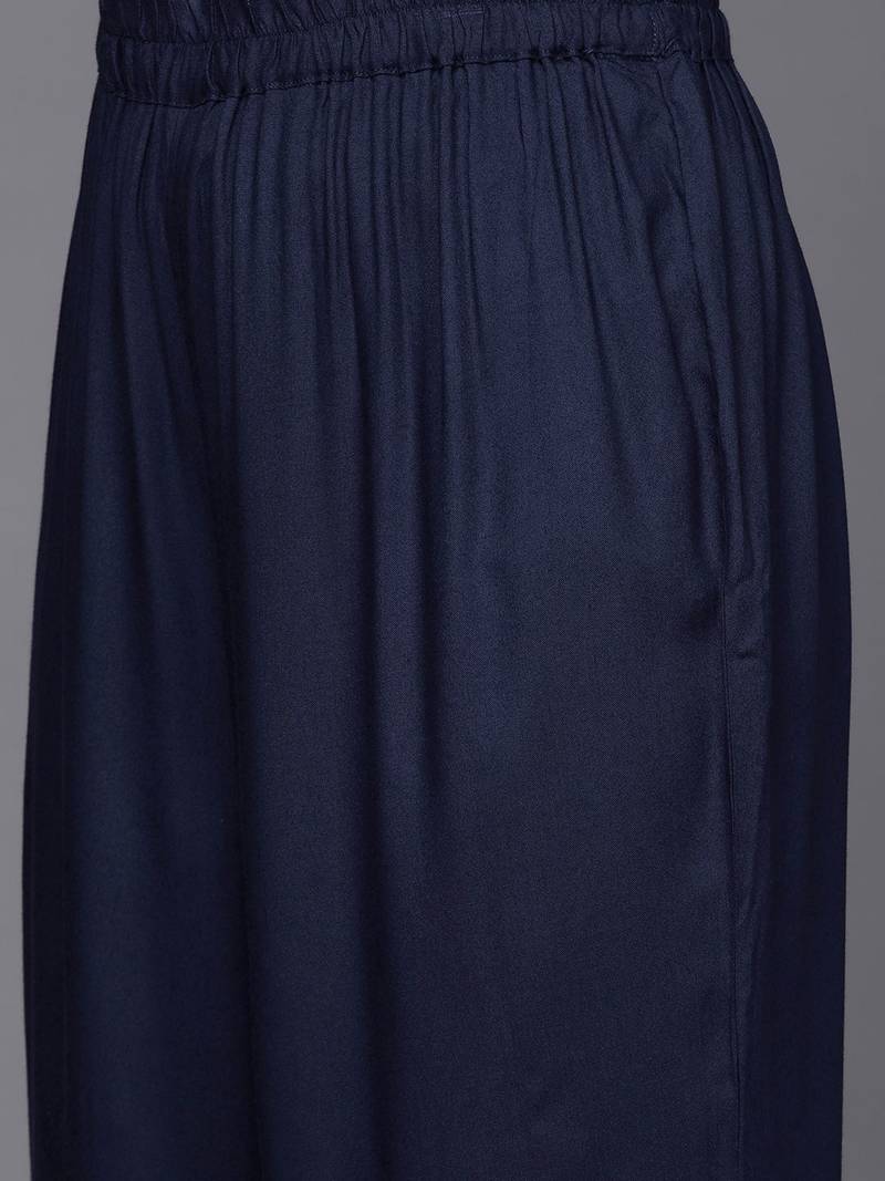 Women Navy Blue Yoke Design Thread Work Pure Cotton Kurta with Trousers