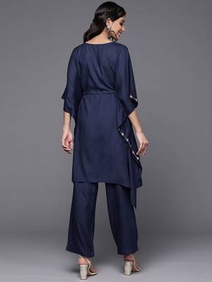Women Navy Blue Yoke Design Thread Work Pure Cotton Kurta with Trousers 5