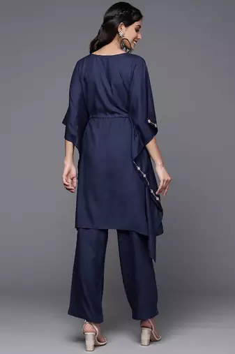 Women Navy Blue Yoke Design Thread Work Pure Cotton Kurta with Trousers