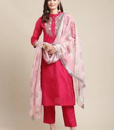 Women Magenta Floral Chanderi Silk Kurta with Trousers & With Dupatta