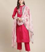 Women Magenta Floral Chanderi Silk Kurta with Trousers & With Dupatta