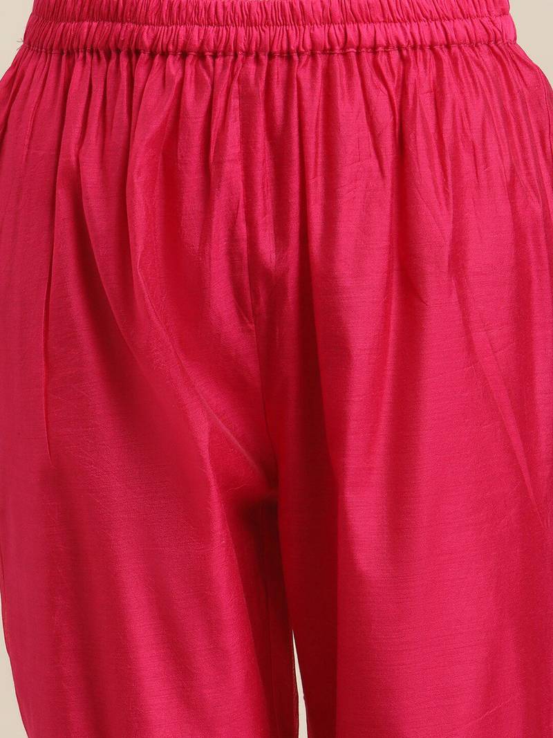 Women Magenta Floral Chanderi Silk Kurta with Trousers & With Dupatta