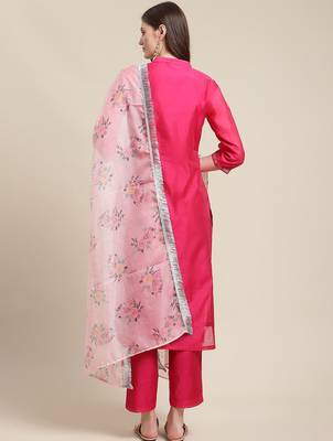 Women Magenta Floral Chanderi Silk Kurta with Trousers & With Dupatta 6