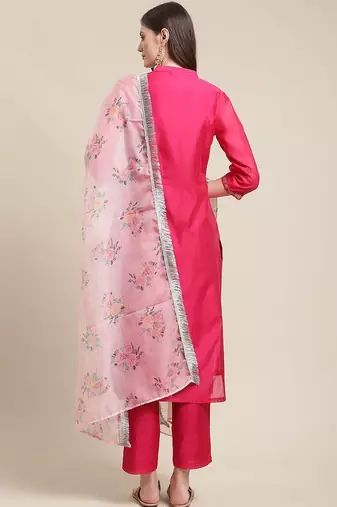 Women Magenta Floral Chanderi Silk Kurta with Trousers & With Dupatta