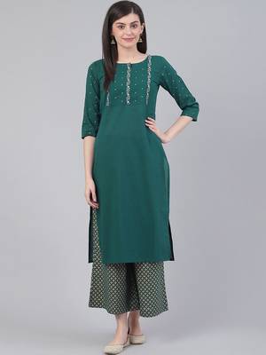 Women Green Floral Embroidered Kurta with Palazzos 1