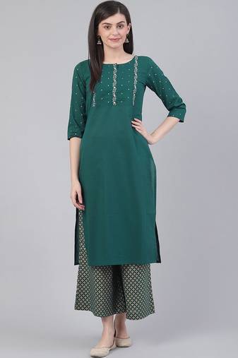 Women Green Floral Embroidered Kurta with Palazzos
