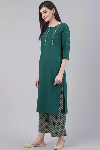 Women Green Floral Embroidered Kurta with Palazzos