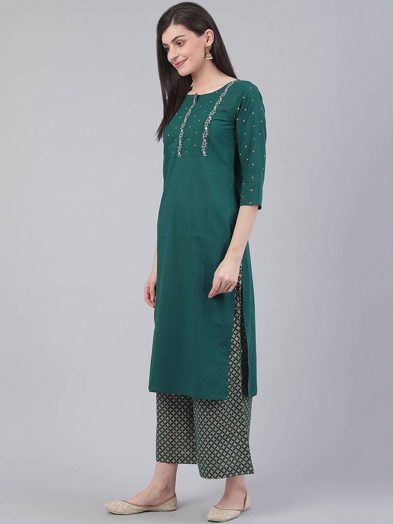 Women Green Floral Embroidered Kurta with Palazzos
