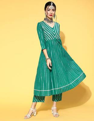 Women Green & Silver Striped Gotta Patti Kurta Set 1