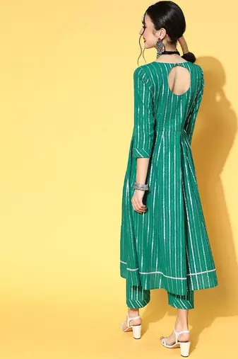 Women Green & Silver Striped Gotta Patti Kurta Set