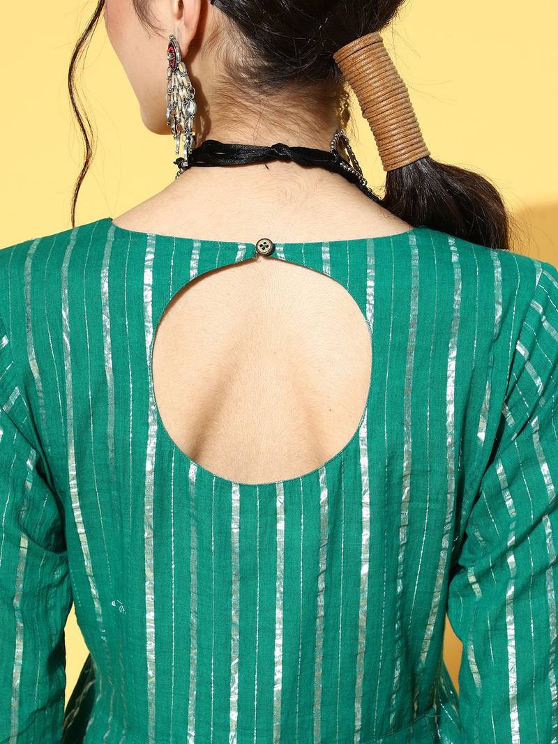 Women Green & Silver Striped Gotta Patti Kurta Set