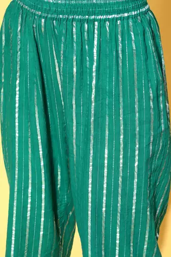 Women Green & Silver Striped Gotta Patti Kurta Set