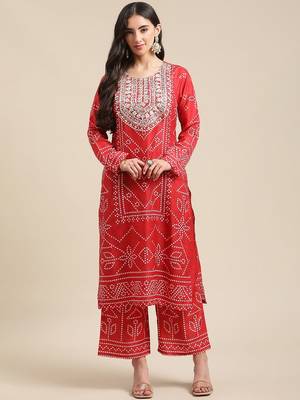 Women Red Bandhani Printed Kurta with Palazzos 1