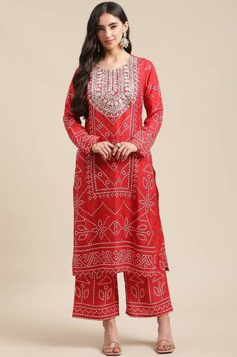 Women Red Bandhani Printed Kurta with Palazzos