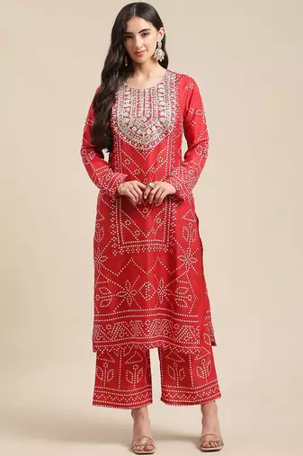 Women Red Bandhani Printed Kurta with Palazzos