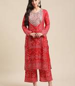 Women Red Bandhani Printed Kurta with Palazzos