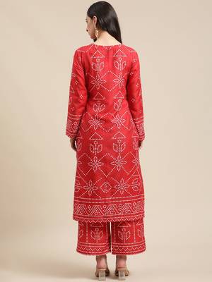 Women Red Bandhani Printed Kurta with Palazzos 2
