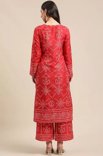 Women Red Bandhani Printed Kurta with Palazzos