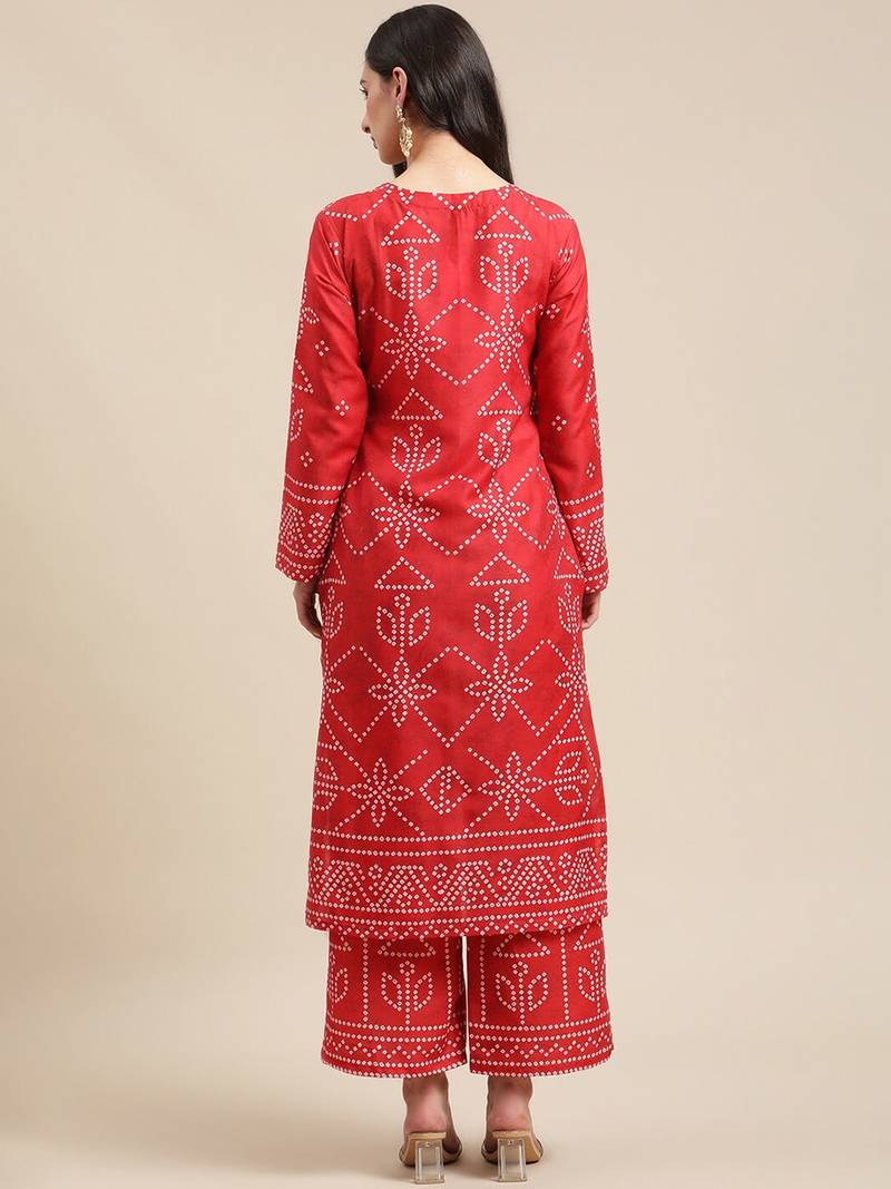 Women Red Bandhani Printed Kurta with Palazzos