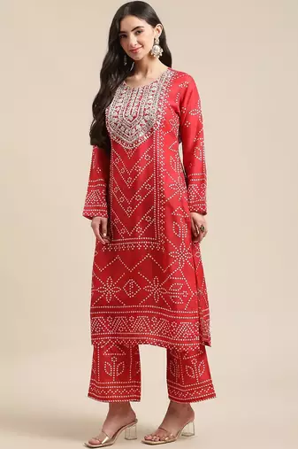 Women Red Bandhani Printed Kurta with Palazzos