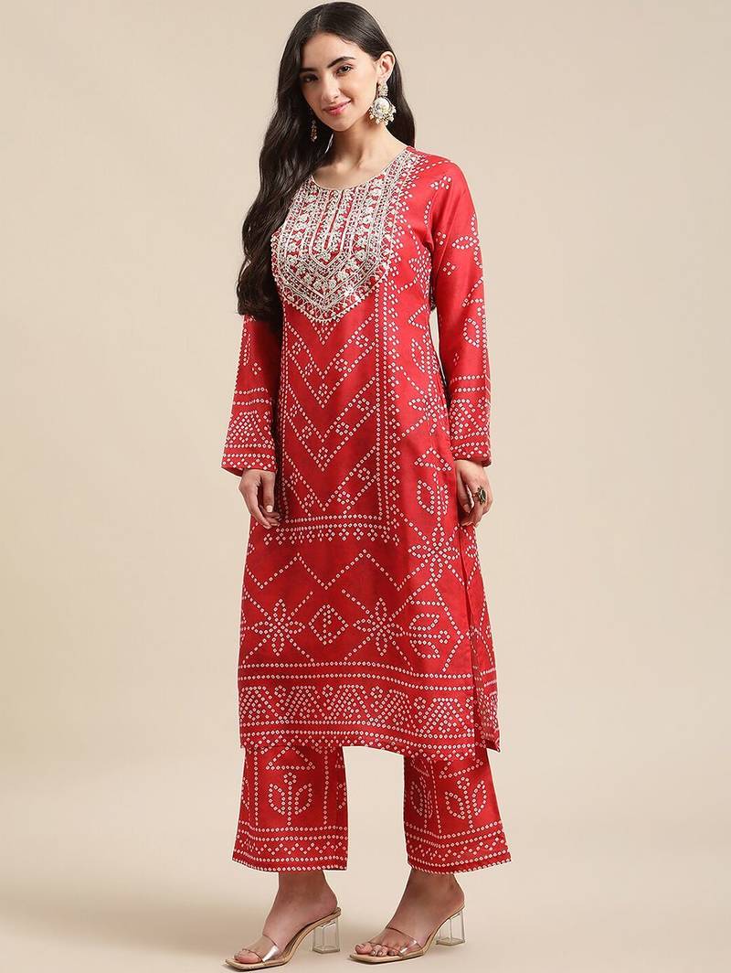 Women Red Bandhani Printed Kurta with Palazzos