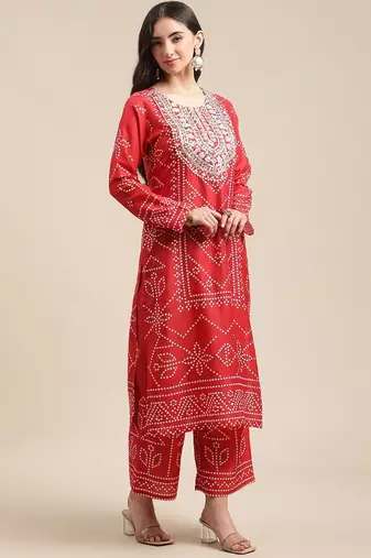 Women Red Bandhani Printed Kurta with Palazzos